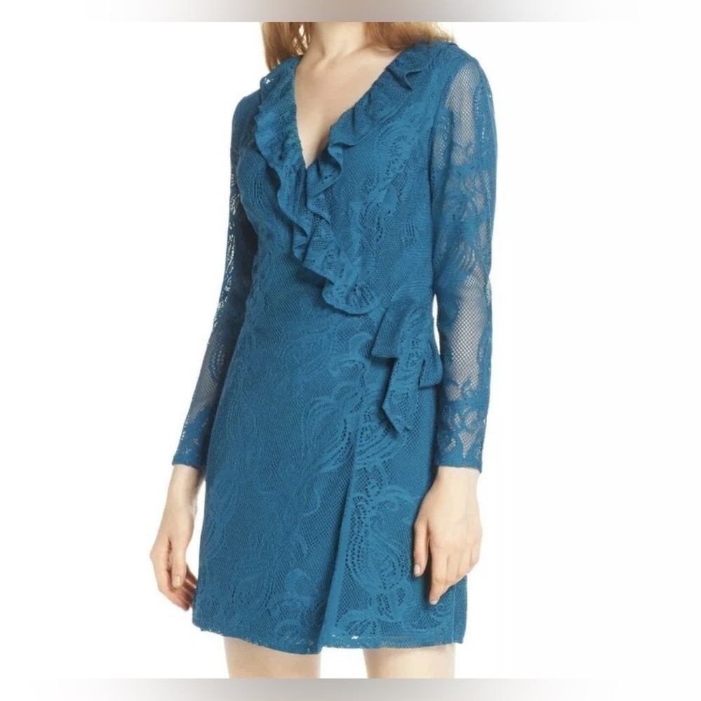 Lilly Pulitzer Blue Lace Long Sleeve Romper Lace Crochet Teal M